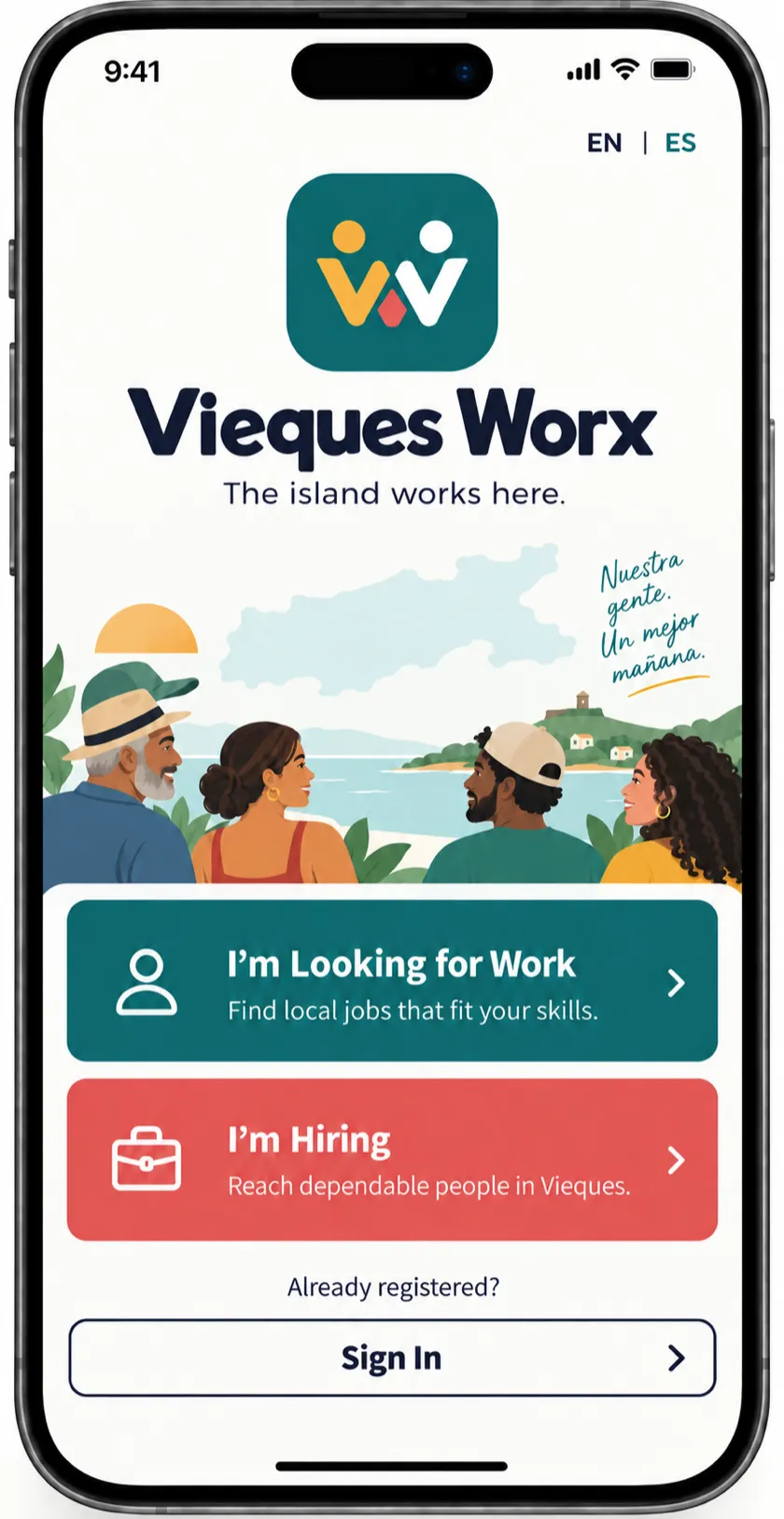 The Vieques Worx welcome screen on an iPhone, offering two choices: I am Looking for Work, and I am Hiring.