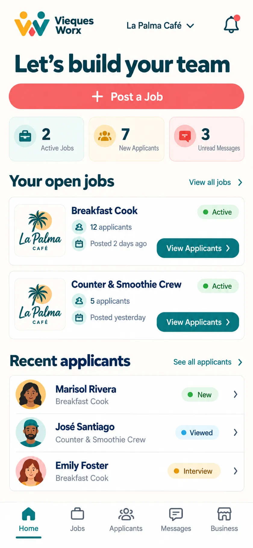 An employer dashboard showing open jobs, applicant counts and recent applicants.