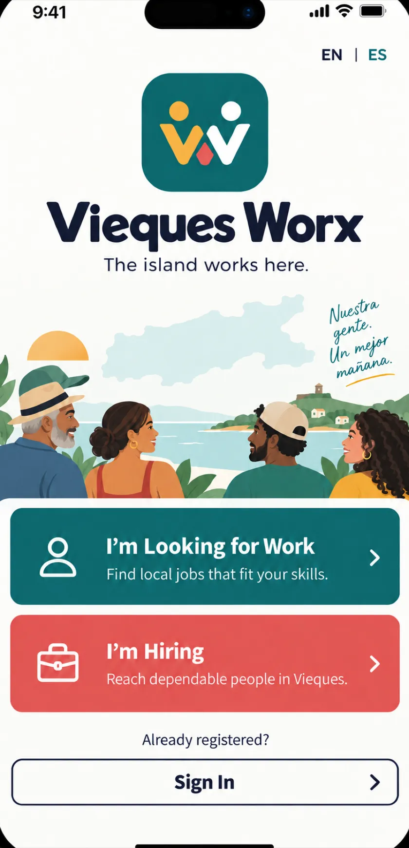 The Vieques Worx welcome screen with the two role choices and a sign-in button.
